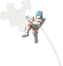 Moon man floating over the puzzle, building the puzzle