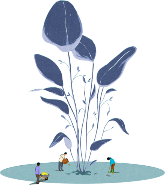 Illustration showing small people watering a huge plant